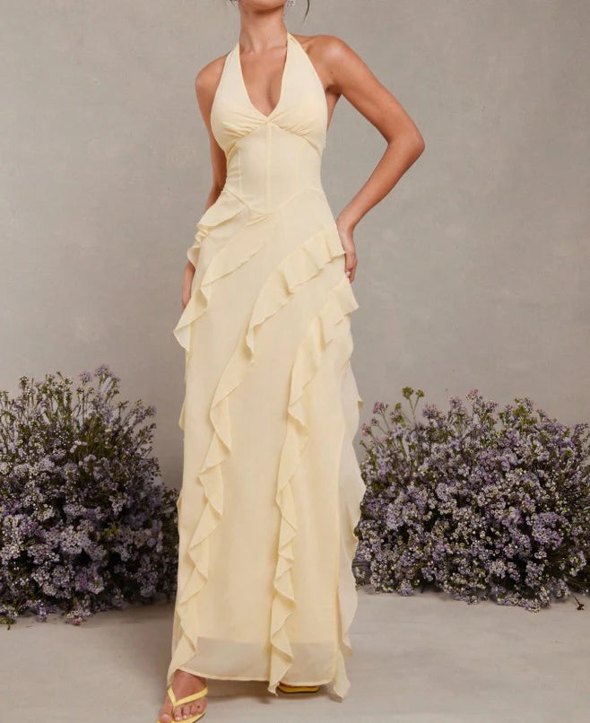 Halter Chiffon Ruffle Back Party Dress Fashion Butter Yellow Bridesmaids Dress With Slits