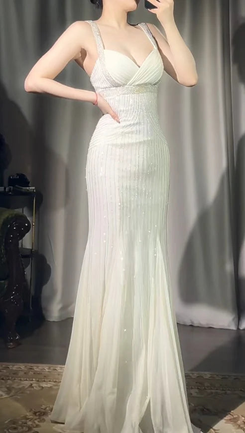 Spaghetti Straps Mermaid Party Dress Beaded Chiffon Prom Dresses Elegant Gothic Apricot Evening Gowns