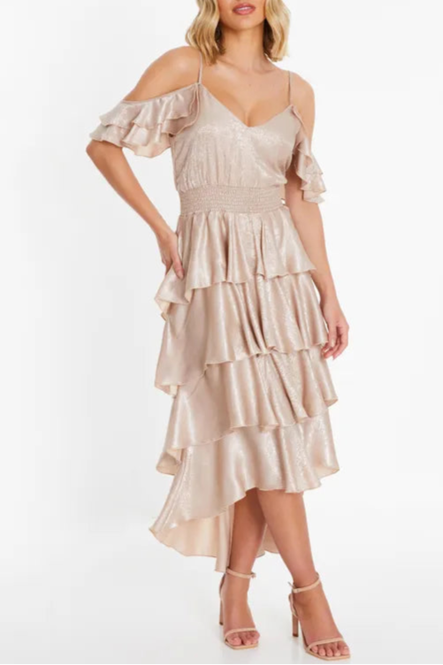 Off White Drop Shoulder Tiered Midi Mother Of The Bride Outfits Dress
