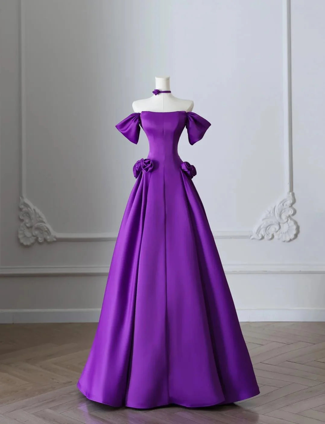 Elegant Purple Formal Evening Gowns Off Shoulder A-Line Satin Long Prom Dresses