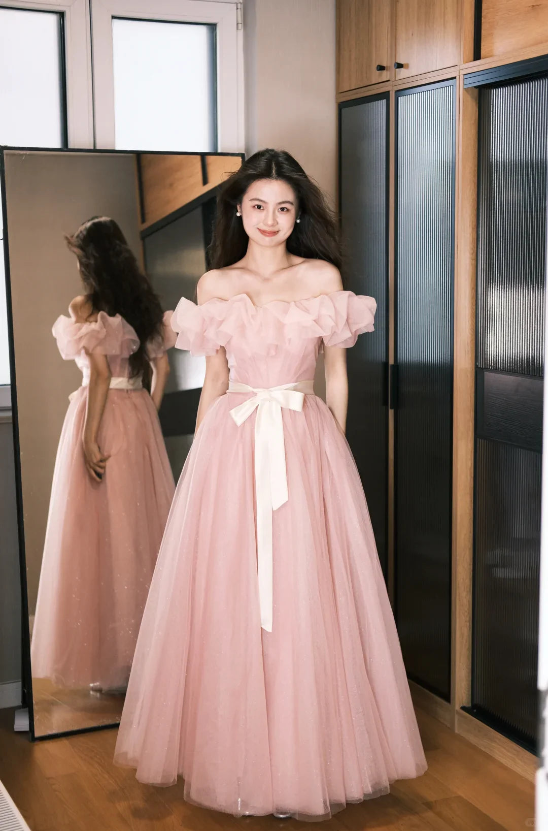 Elegant A Line Off the Shoulder Pink Tulle Long Party Dress