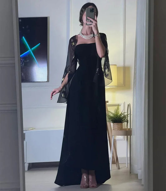 Black Chiffon Party Dresses Printed Long Sleeves Jackets Wedding Guest Dress for Women Special