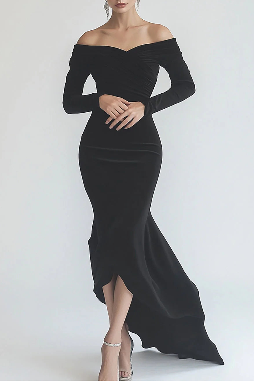 Black Mermaid Off The Shoulder Chiffon Long Sleeves Formal Evening Dress