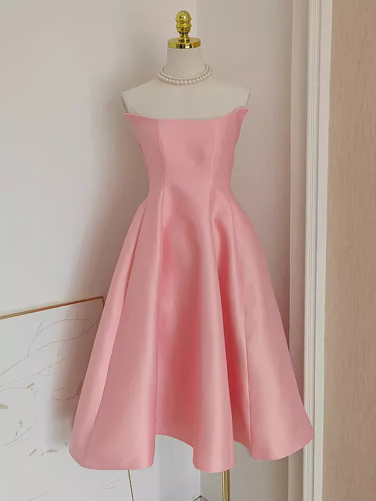 Cute A line Strapless Pink Vacation Dress Satin Retract Your Waist Women Prom Dresses