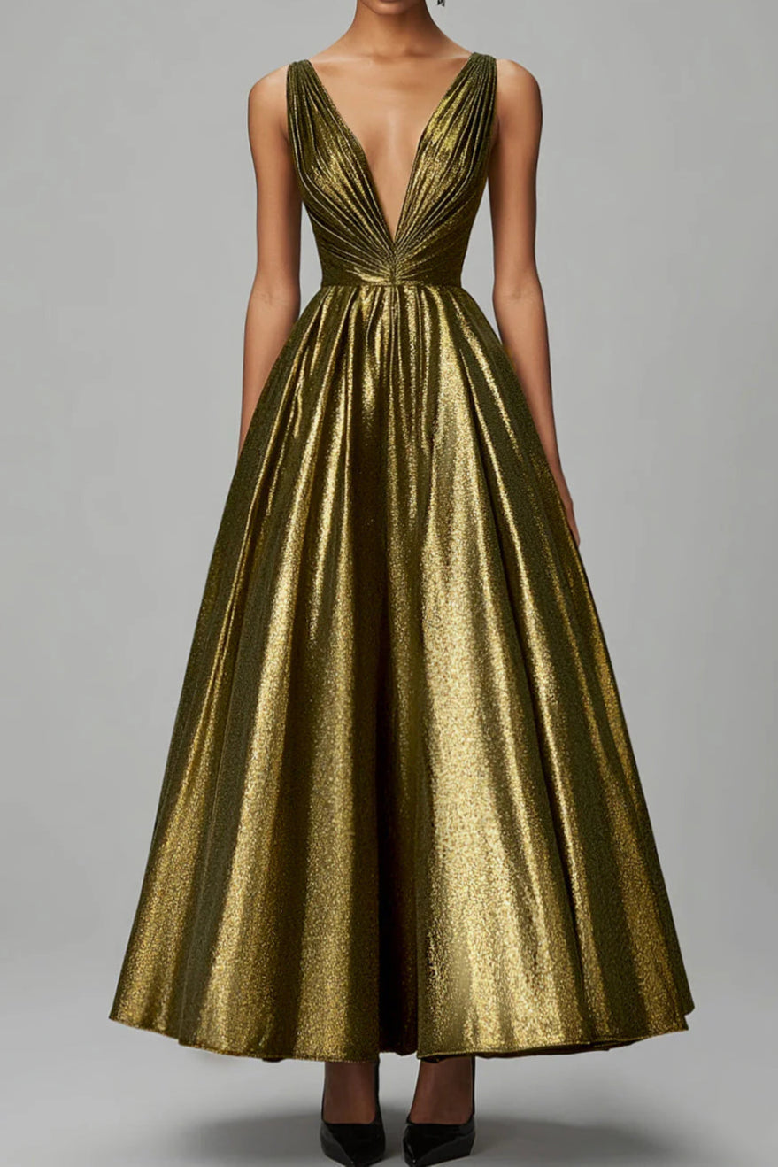 Dark Gold Sparkly A-Line V Neck Ruched Ankle Length Formal Dress