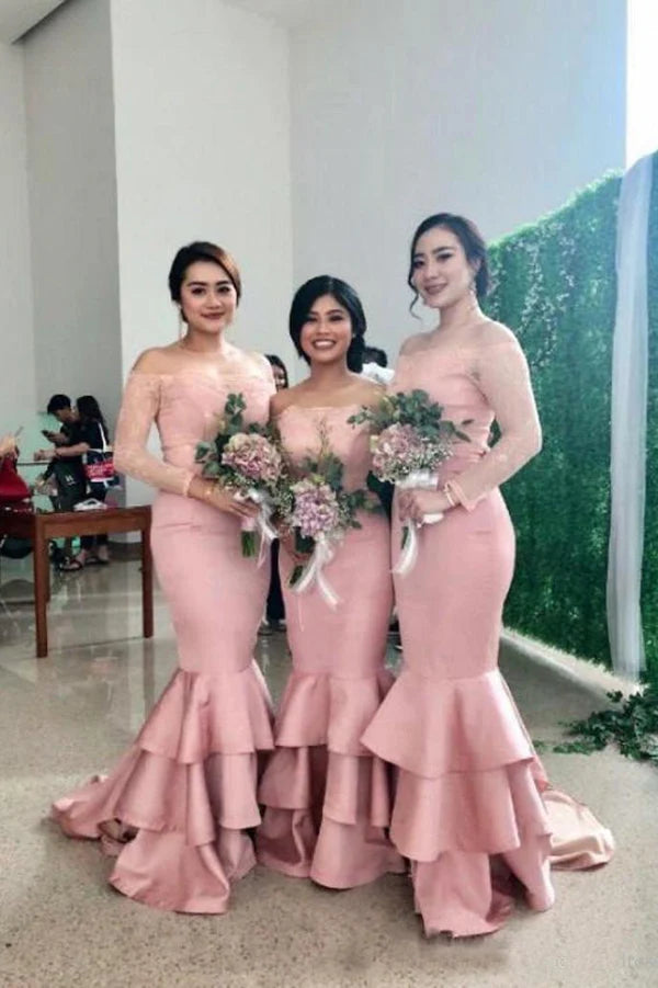 New Style Off the Shoulder Long Sleeve Memaid Bridesmaid Dress with Ruffles