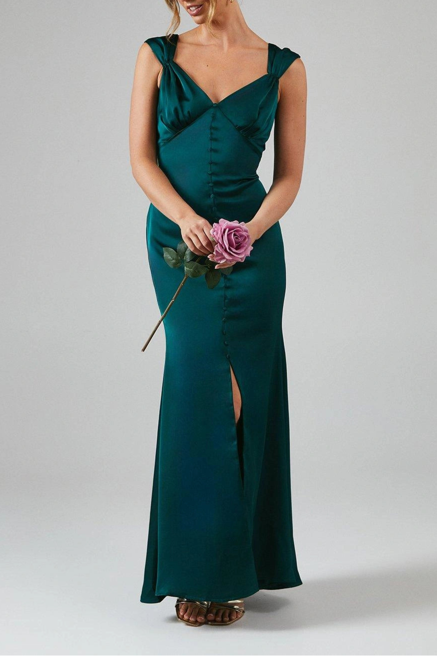 Button Front V Neck Unique design Satin Elegant and gentle Bridesmaid Dress