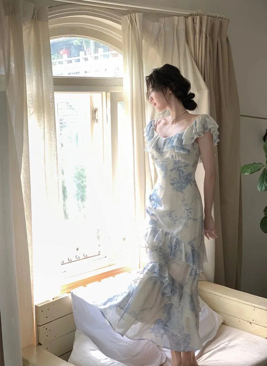 Strap Print Flower Blue Chiffon Party Dress Gentle Mermaid Evening Dress