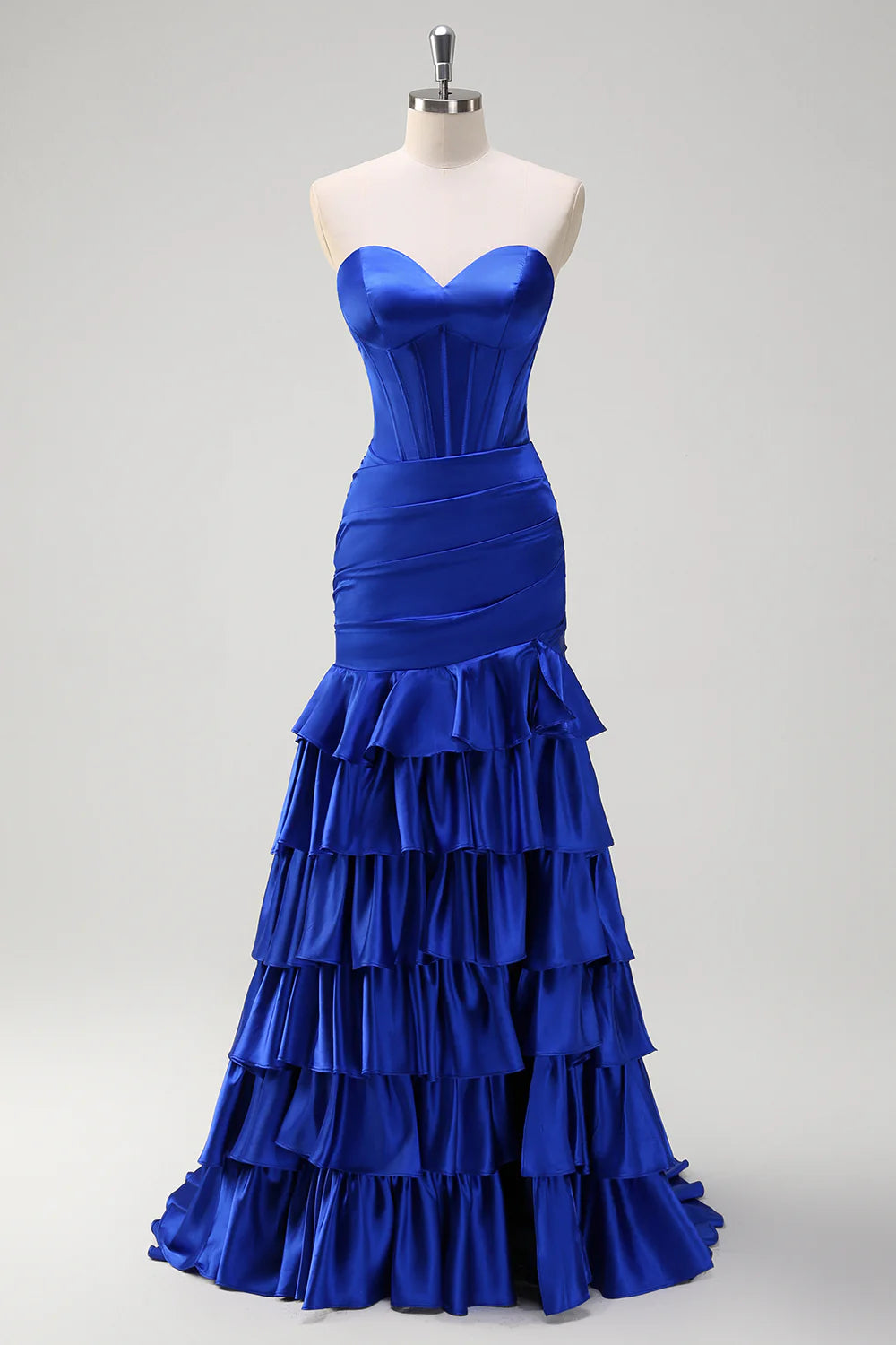 Royal Blue Sweetheart Tiered  Off Shoulde Satin Mermaid Long Prom Dress
