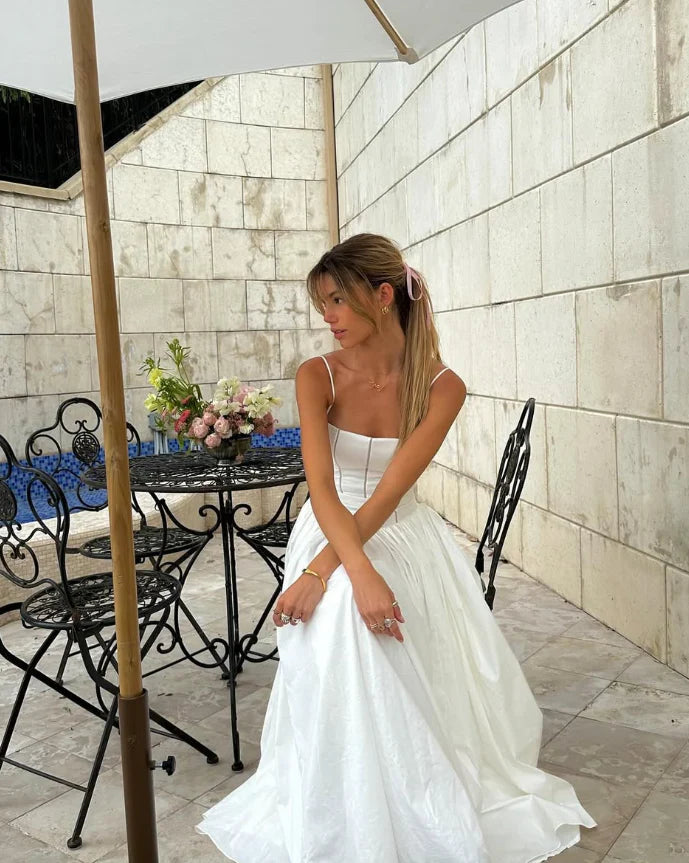 New A Line Spaghetti Strap White Satin Long Prom Dress Slim-fit Evening Dress