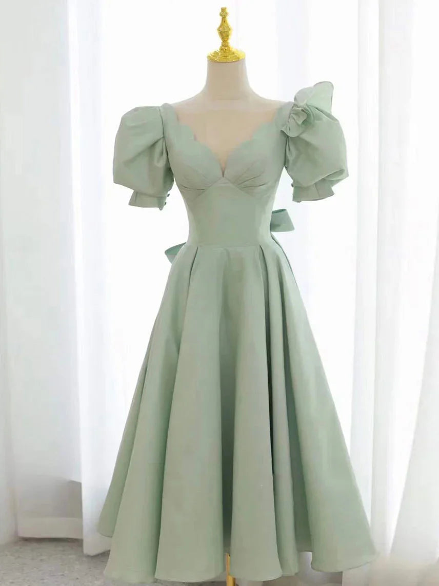 Simple green v neck satin short prom dress, green homecoming dress