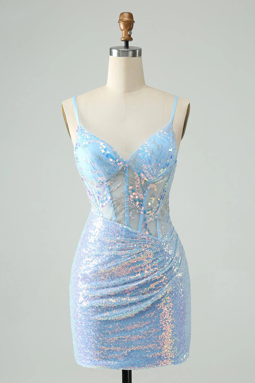 Glitter Spaghetti Straps Light Blue Tight Short Homecoming Dress With Sequins