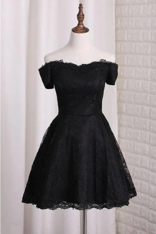 Black A Line Lace Homecoming Dress Cheap Short Off Shoulder Graduation Dresses