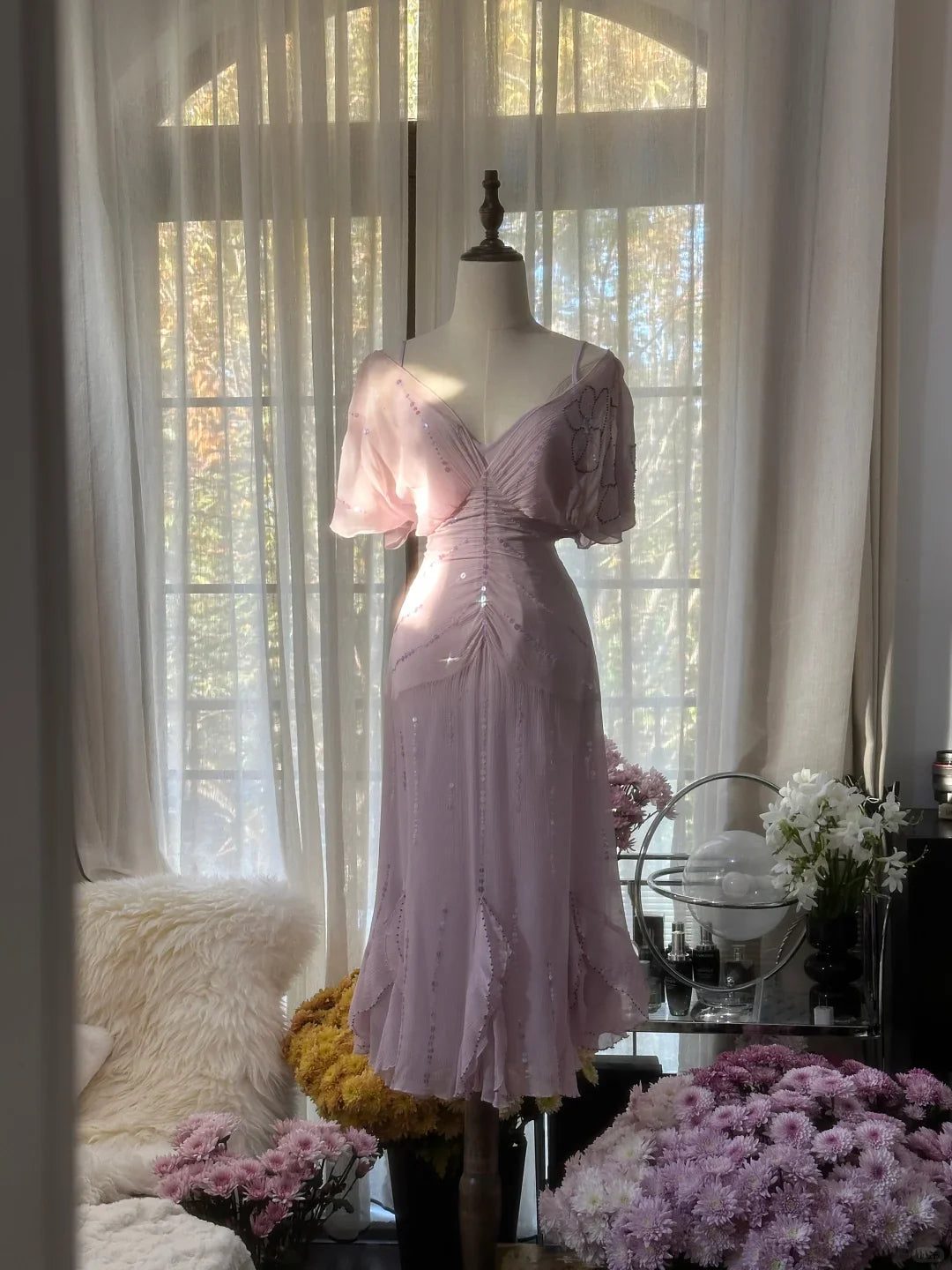 Gentle A Line V Neck Sequin Light Purple Chiffon Gentle and elegant Party Dress