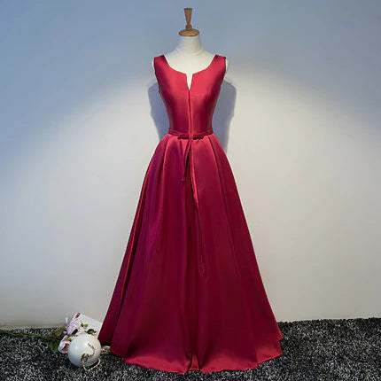 Simple A line Satin Retract Your Waist Sleeveless Long Prom Dresses