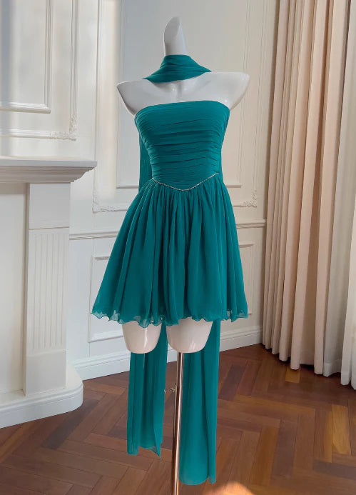 Lake blue A-line strapless chiffon short prom dress,Simple design homecoming dress