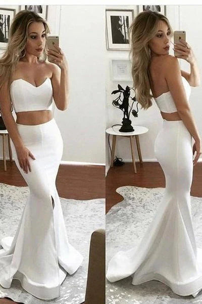 WHITE TWO PIECE FORMAL EVENING DRESSES MERMAID SWEETHEART SLEEVELESS FRONT SLIT PROM DRESS
