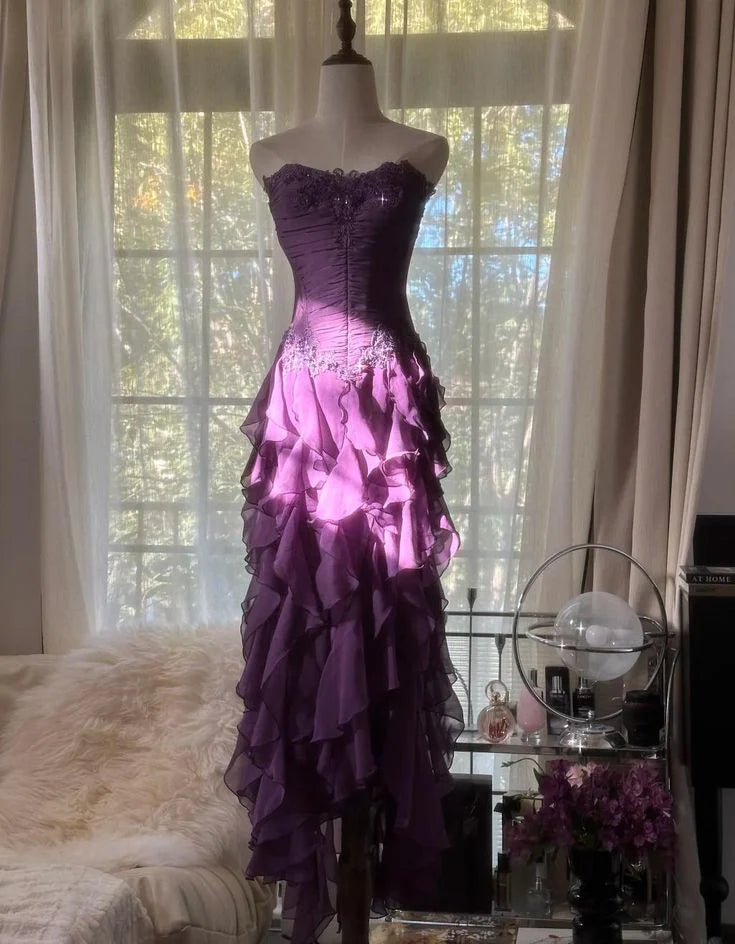 Strapless Appliques Tiered Chiffon Long Prom Dress Purple Sheath Evening Dress
