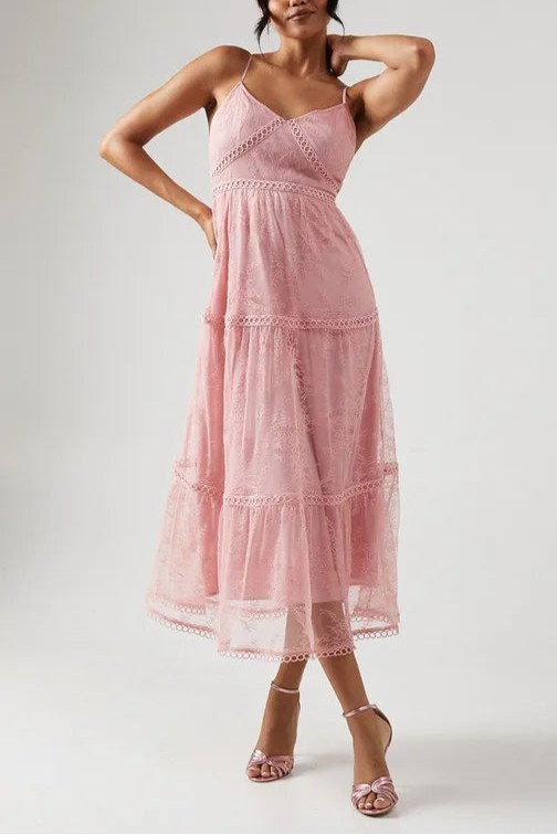 Unique design Petite Delicate Lace Trim Strappy Maxi Bridesmaids Dress