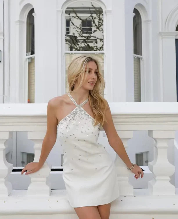 Halter Rhinestone Satin Short Homecoming Dress Simple A Line Evening Dress