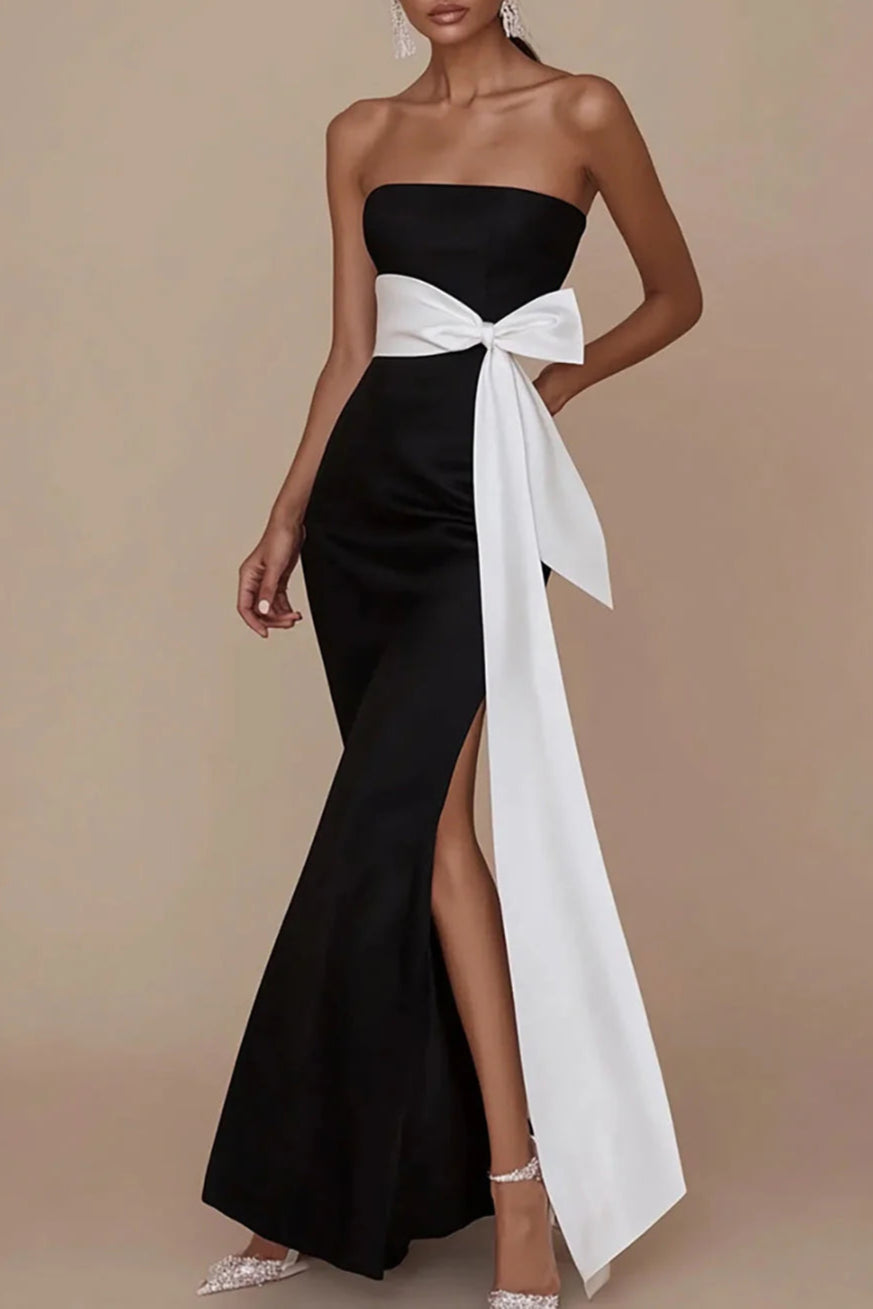 Black White Sheath Square Neck Satin Long Formal Evening Dress With Sash