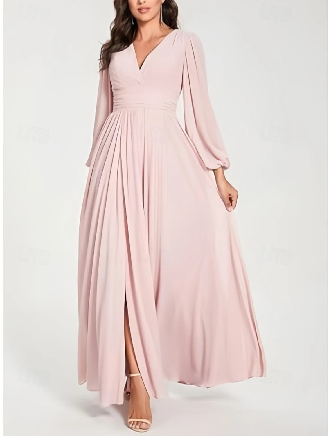 A-Line Bridesmaid Dress V Neck Long Sleeve Elegant Floor Length Chiffon with Split Front / Ruching