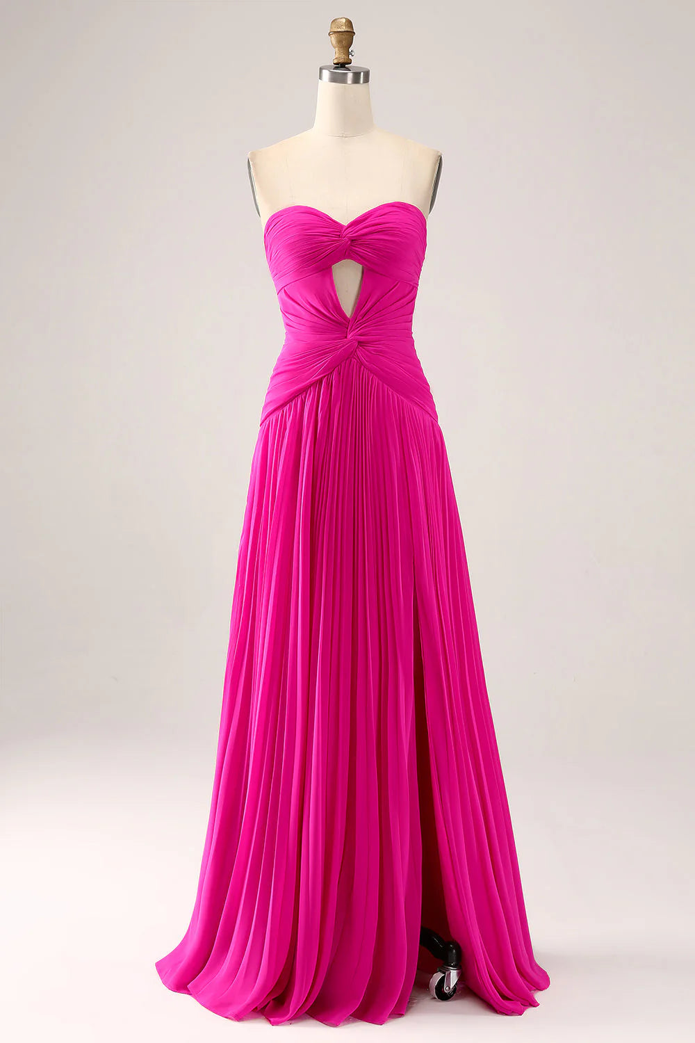 Pleated Keyhole Fuchsia A Line Sweetheart Long Prom Dress With Slit