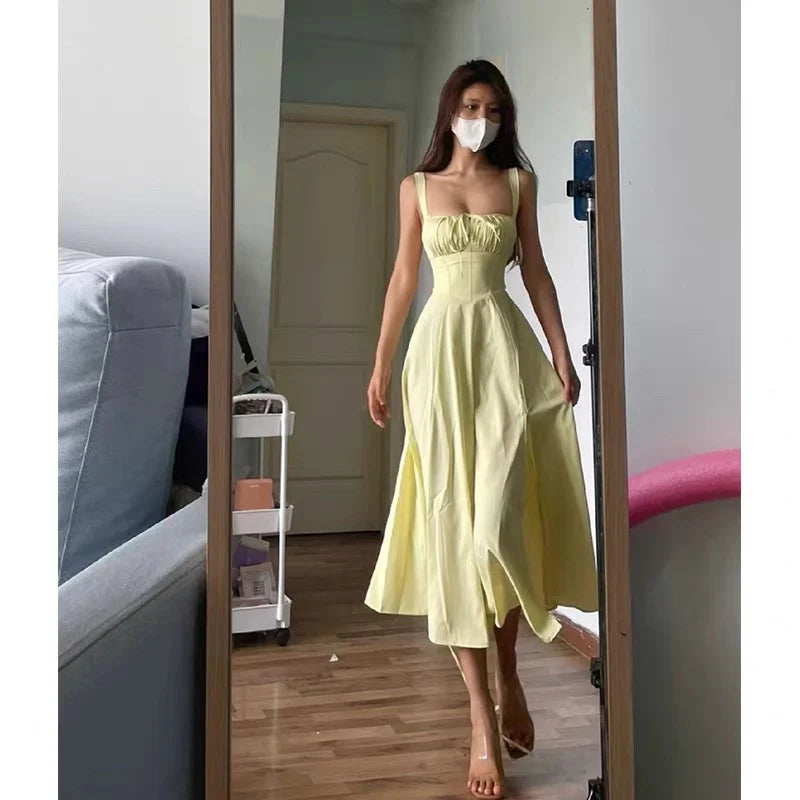 Straps Ruffled Yellow Cute A line Ankle Length Women's Vacation Prom Dresses