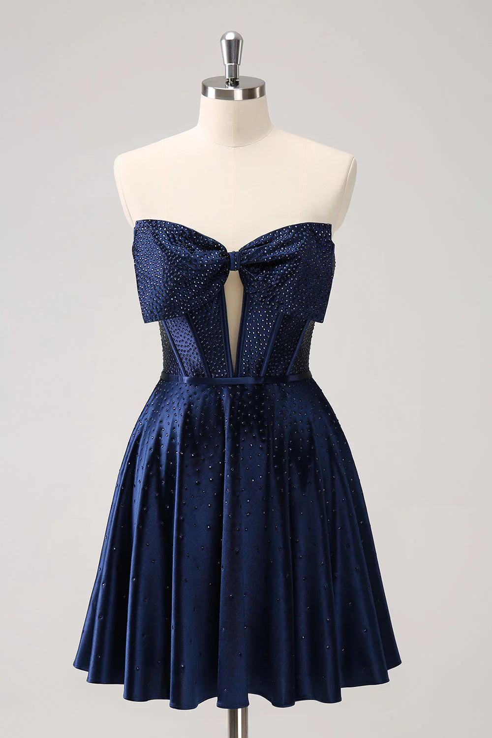 Sparkly Navy Beaded Corset Hollow Out Short Retract Your Waist Homecoming Dress With Bow