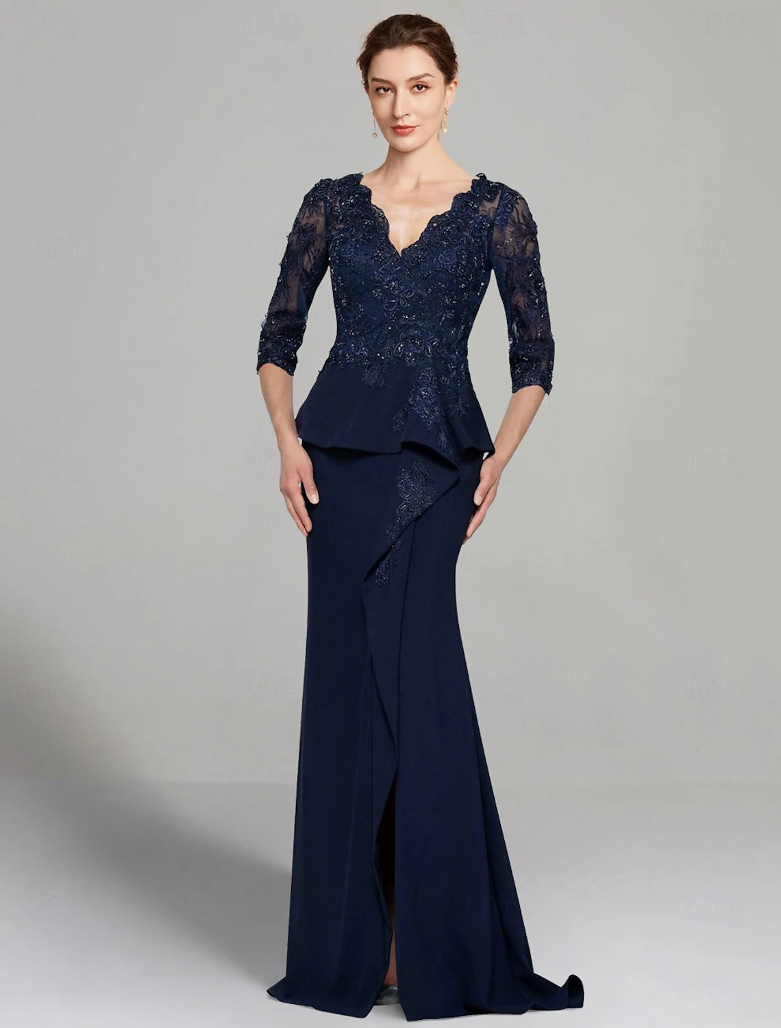 Sheath Dress Mother of the Bride Dress Elegant V Neck Floor Length Stretch Chiffon 3/4 Length Sleeve with Lace Pleats Solid Color