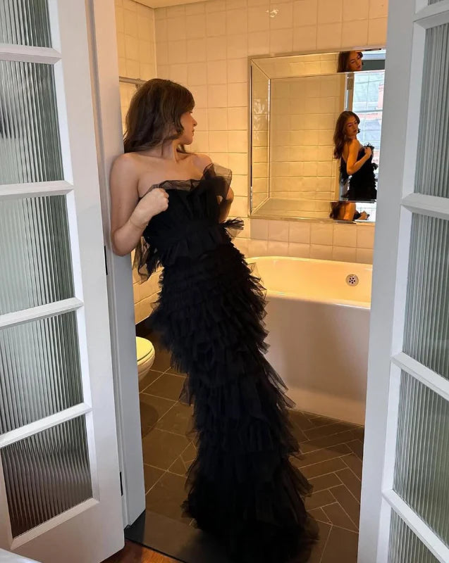Strapless Layered Tulle Long Prom Dress Black Mermaid Evening Dress