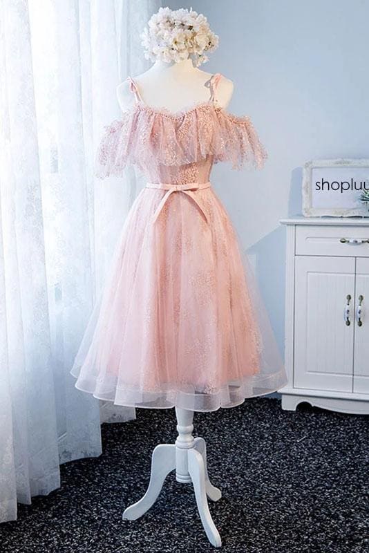 Pink Tulle Cute Lace Homecoming Dress Short A Line Prom Gown with Pearls