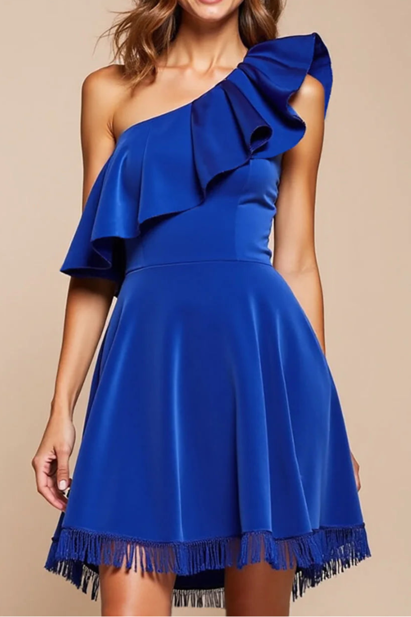 Royal Blue  A Line One ShoulderShort Homecoming Dress With Ruffles