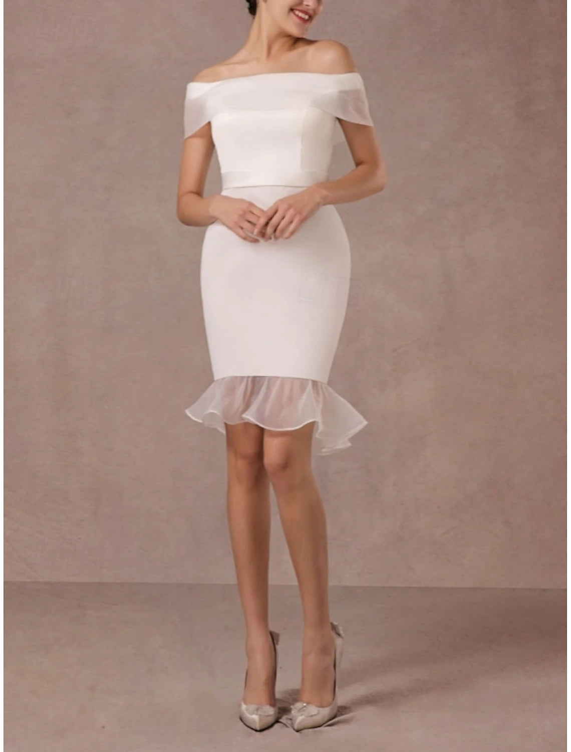 Engagement Wedding Dresses Mermaid Trumpet Off Shoulder Short Sleeve Short Satin Bridal Gowns With Sash / Ribbon Solid Color