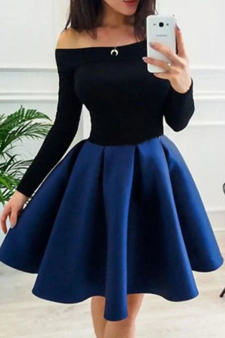 Off the Shoulder Blue and Black Homecoming A-Line Short Prom Dresses