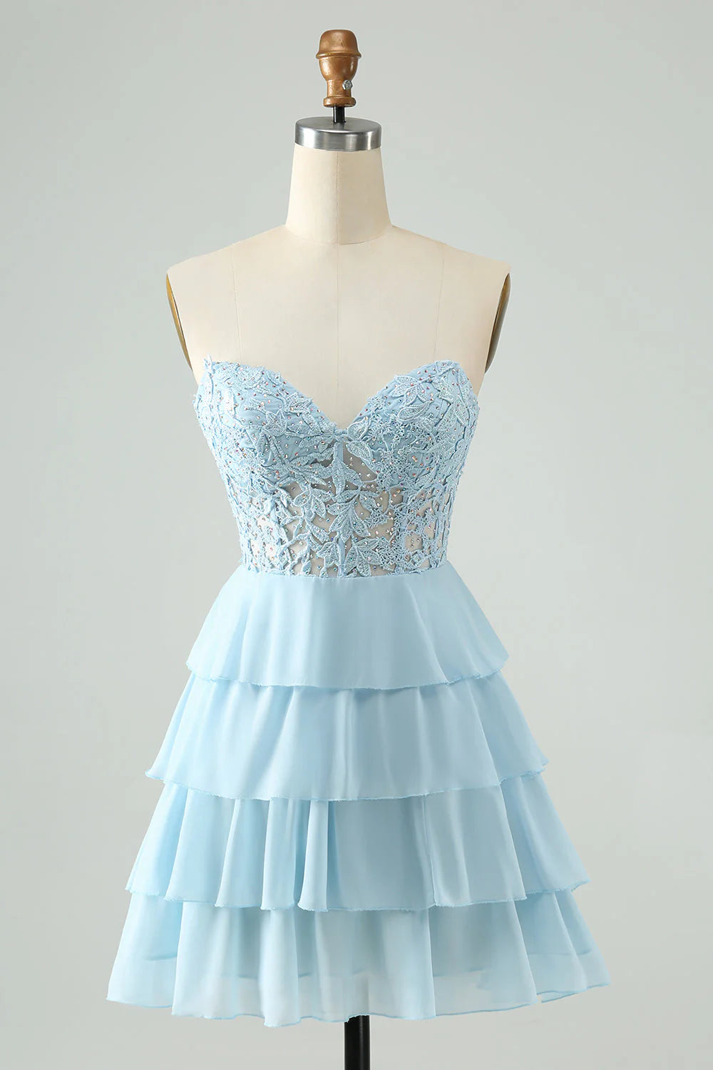Light Blue A Line Tiered Short Sweetheart Homecoming Dress With Appliques