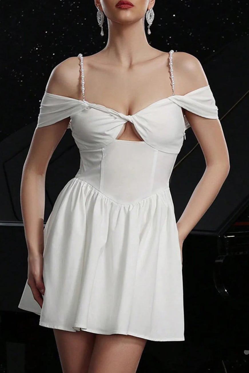 A Line Cold Shoulder White Satin Short Homecoming Dress With Keyhole