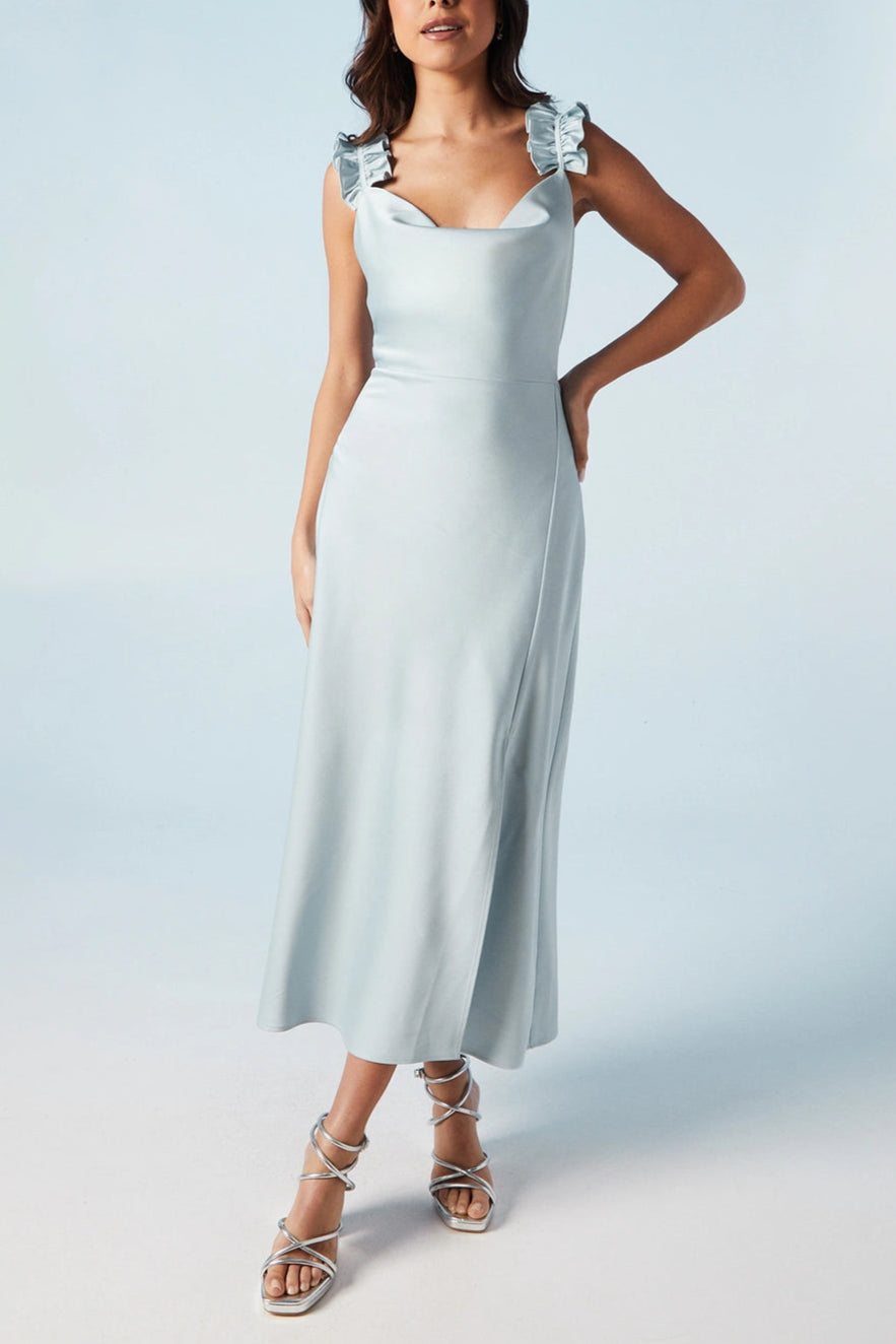 Ruffle Shoulder Detail Satin Elegant and gentle Bridesmaids Midi Dress