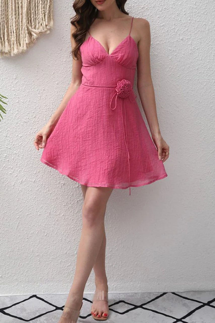 Fuchsia A-Line Spaghetti Straps Flower Retract Your Waist Short Party Dress