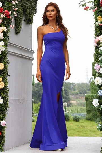 Royal Blue One-Shoulder Side Slit Mermaid Slim-fit Long Evening Gown
