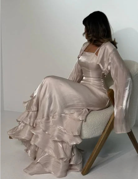 Elegant Straps Pleated Ruffles Long Prom Dress Exquisite tailoring Evening Gown