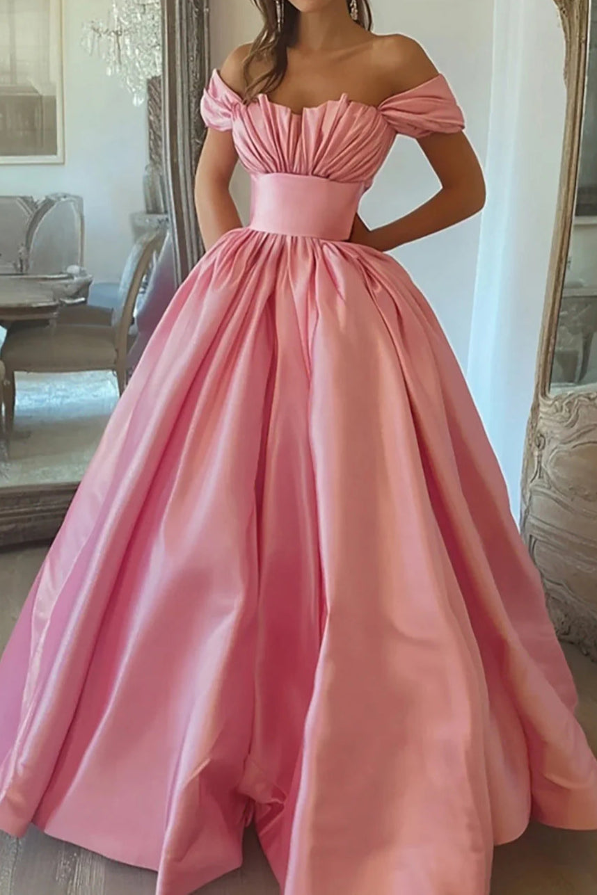 Pink Ball Gown Satin Off The Shoulder Retract Your Waist Long Prom Dress