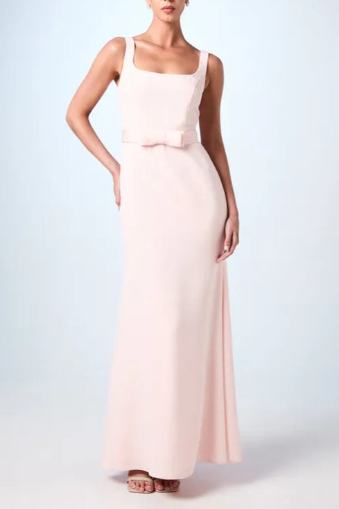 Square Neck Bow Elegant and gentle Detail Crepe Maxi Bridesmaids Dress
