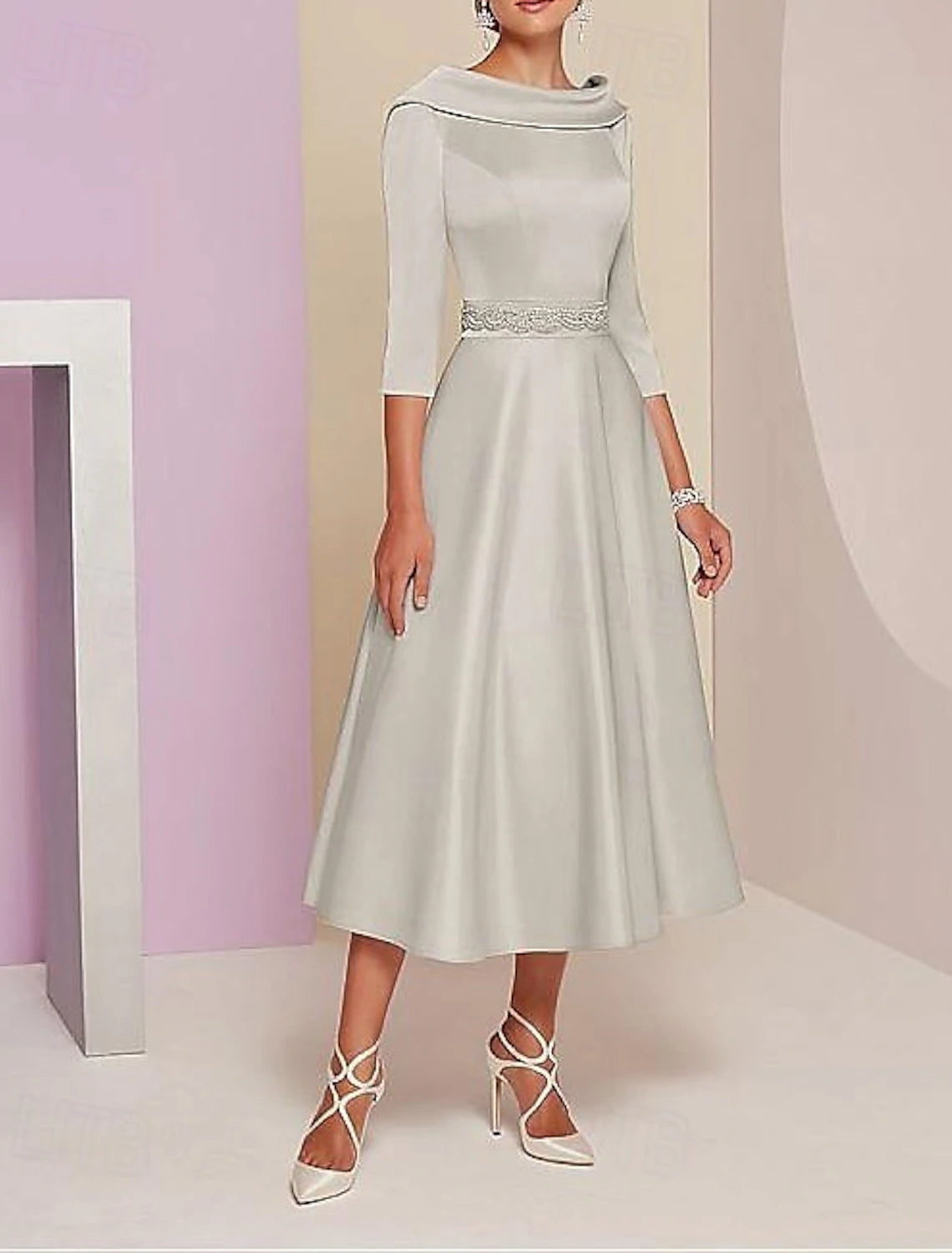 A-Line Dress Mother of the Bride Dress Elegant Vintage Bateau Neck Tea Length Satin 3/4 Length Sleeve with Beading Derby Dress Race Day Dress