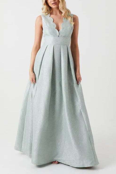 Jacquard Scallop Neck Retract Your Waist Sleeveless Maxi Bridesmaid Dress