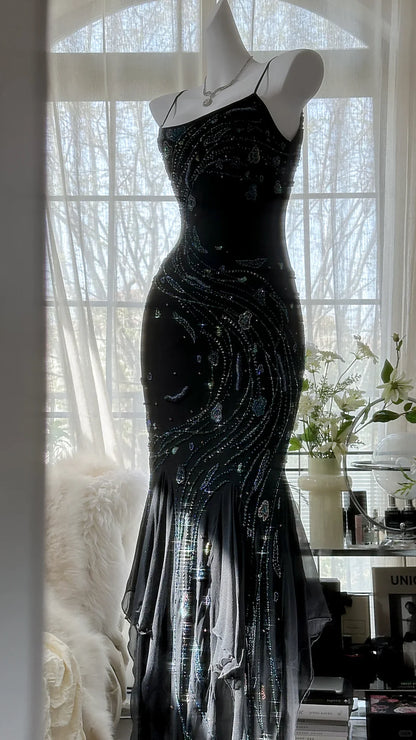 Gorgeous Mermaid Spaghetti Strap Beaded Black Chiffon Full of charm Party Dress
