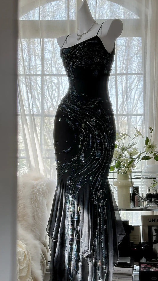Gorgeous Mermaid Spaghetti Strap Beaded Black Chiffon Full of charm Party Dress