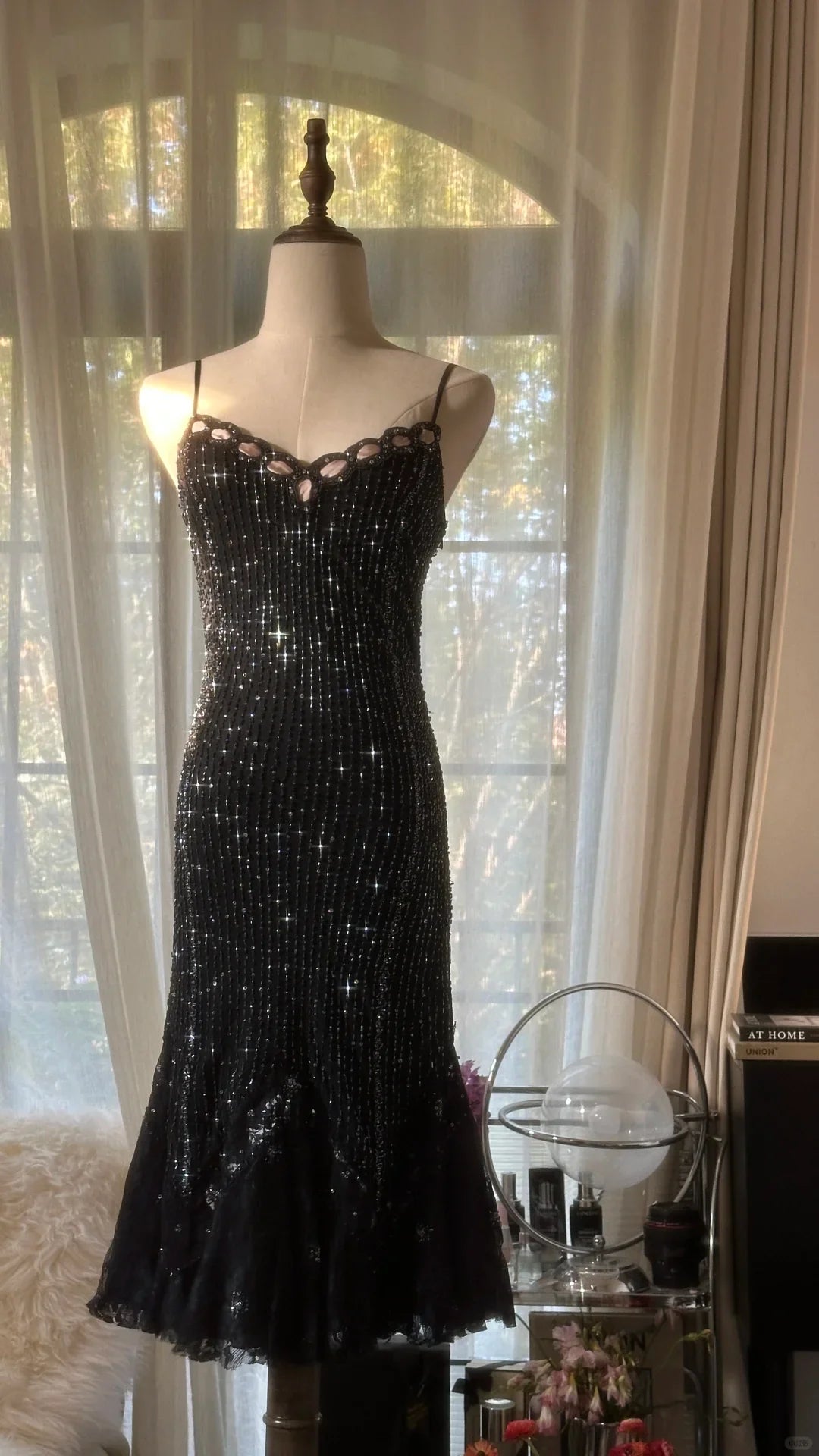 Stunning Mermaid Spaghetti Strap Beaded Black Chiffon Short Homecoming Dress
