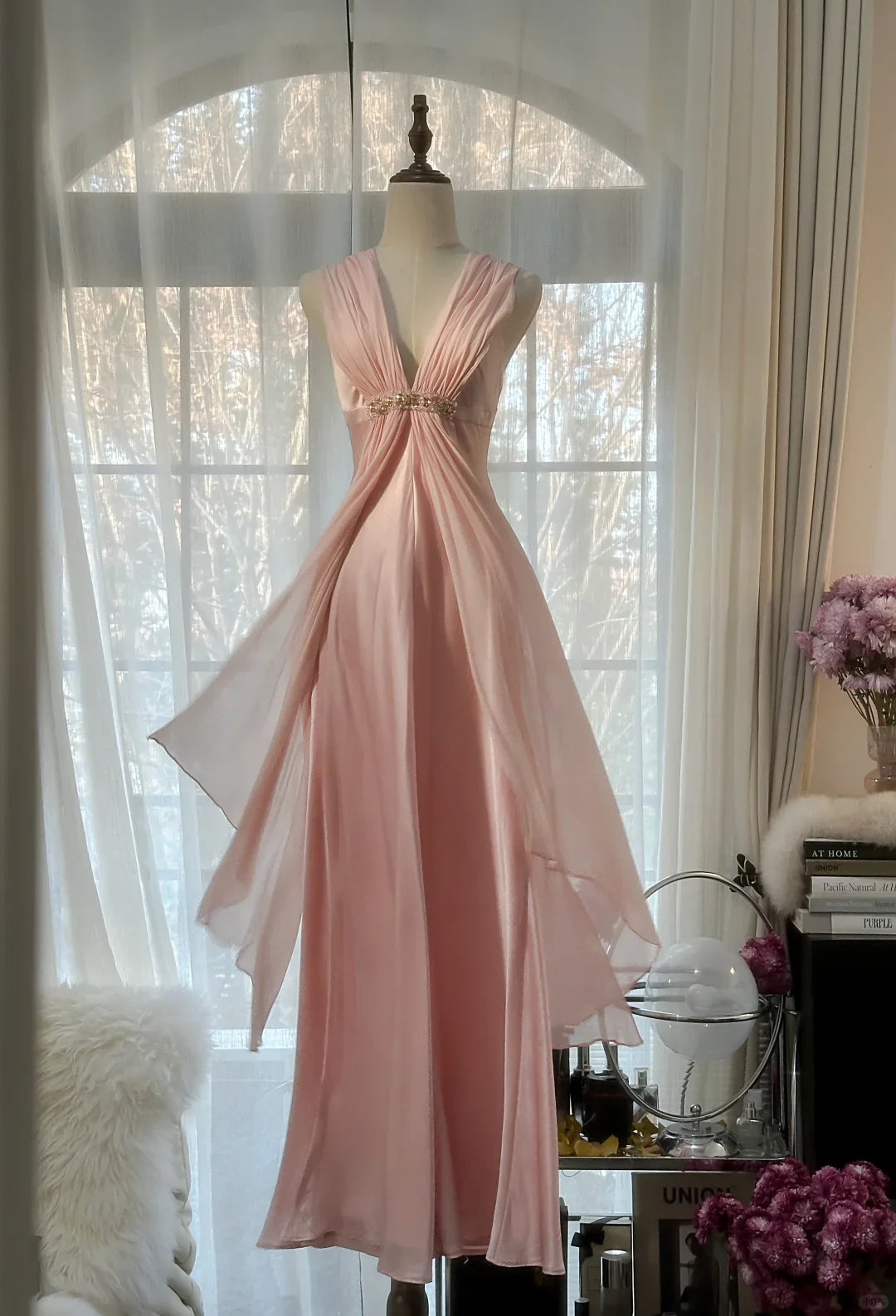 Classy A Line V Neck Beaded Pink Chiffon Satin Long Party Dress