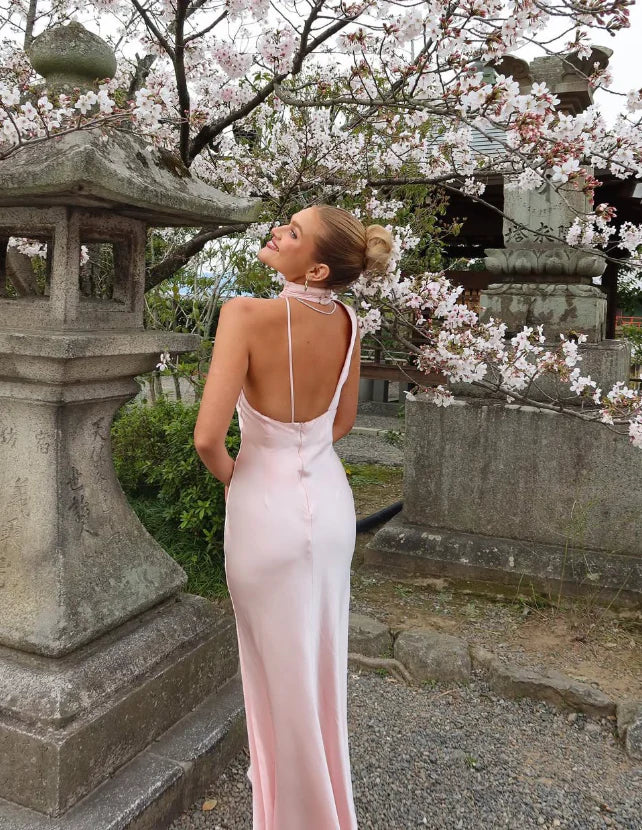 Elegant Mermaid Light Pink Satin Open Back Long Prom Dress